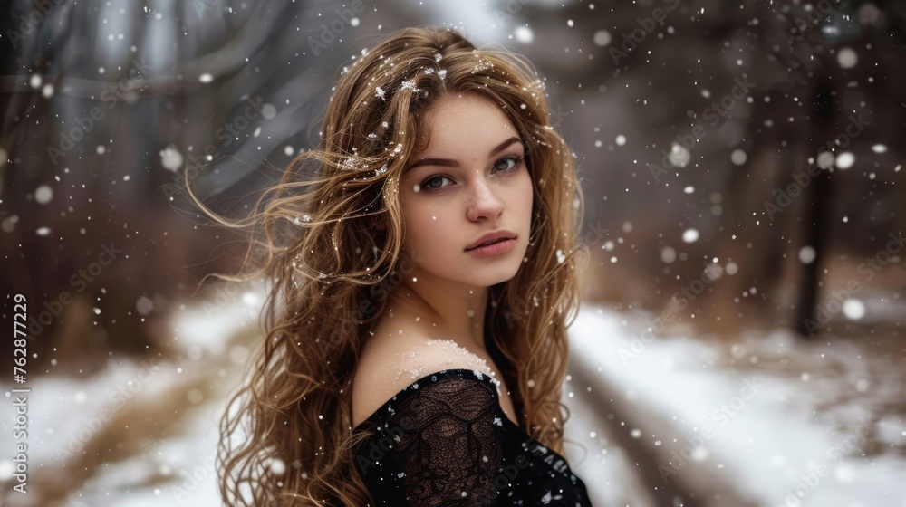 a woman character portrayed in a fur coat with snowflakes on her face a woman character portrayed in a fur coat with snowflakes on her face