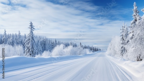 a road with snow on the ground and trees covered with snow on the right side © CLOXMEDIA