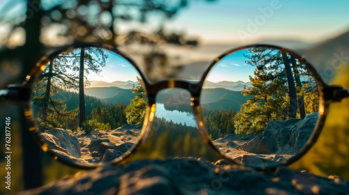 an eye glasses with a view of a lake and mountains