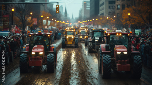 The strike of tractor drivers, many tractors are driving around the city. generative ai © MoreThanProd
