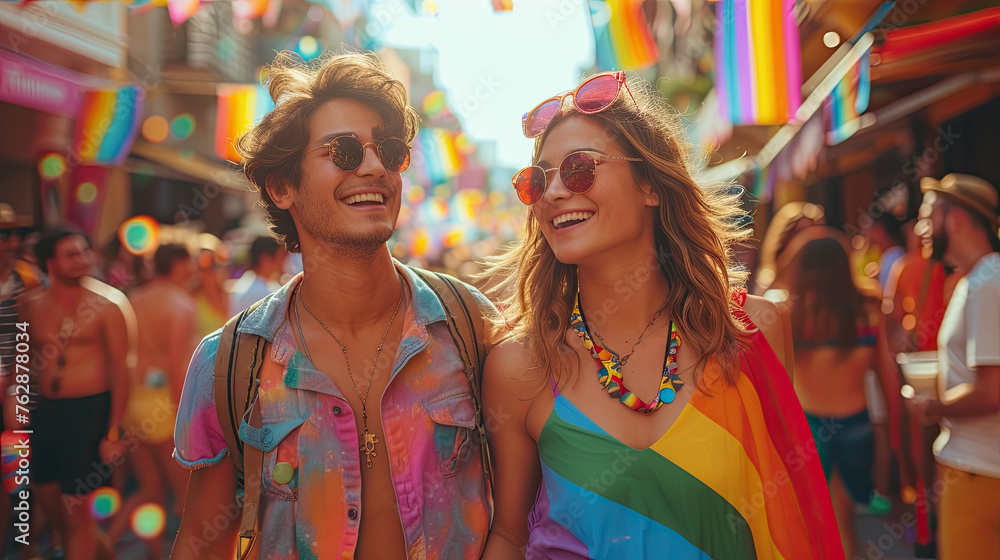 Classic couple at LGBT parade, street party in support. Fun and bright festival. LGBT flags. generative ai Classic couple at LGBT parade, street party in support. Fun and bright festival. LGBT flags. generative ai