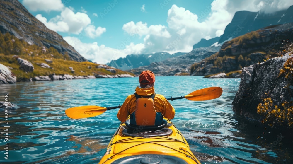 Glacial lake kayaking under summer sky - obrazy, fototapety, plakaty 