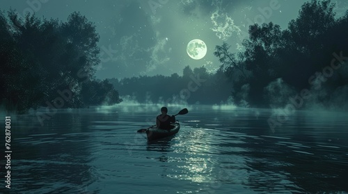 Moonlit kayak trip on calm river