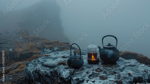 Mountain summit tea brewing ritual