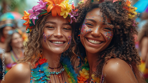 Lesbians look at the camera and smile, at the LGBT parade, a party on the street in support. Fun and bright festival. LGBT flags. generative ai