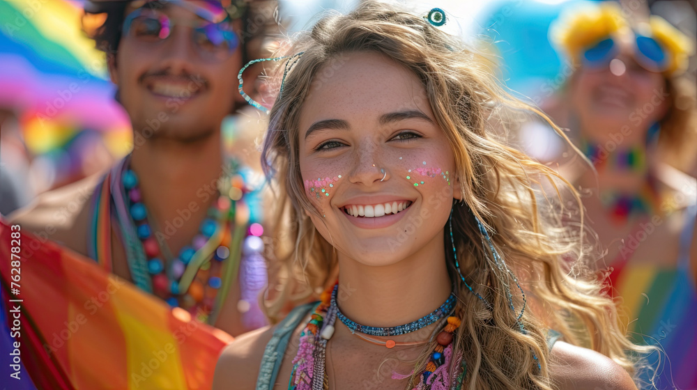 Lesbians look at the camera and smile, at the LGBT parade, a party on the street in support. Fun and bright festival. LGBT flags. generative ai Lesbians look at the camera and smile, at the LGBT parade, a party on the street in support. Fun and bright festival. LGBT flags. generative ai