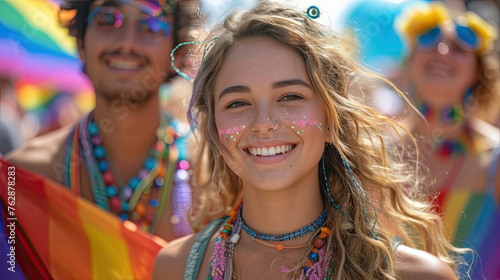 Lesbians look at the camera and smile, at the LGBT parade, a party on the street in support. Fun and bright festival. LGBT flags. generative ai