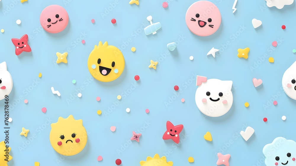 Cute Emoji Faces and Shapes on Blue Background: Smiling Sun, Happy Cloud, Star, Heart Decorations