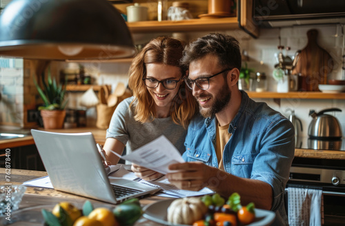 A young couple doing financial planning at home, smiling and working together on paper documents with a laptop in the kitchen. The concept of a positive attitude