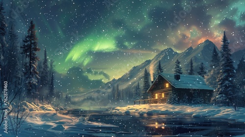 Aurora borealis observation from snowy cabin