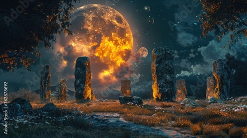 Full moon ritual in ancient stone circle