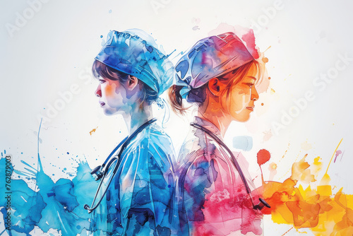 Colorful watercolor painting of a group of medical professionals photo