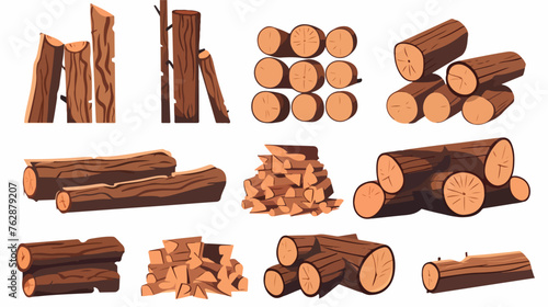 Wooden materials and burning firewoods set flat vec