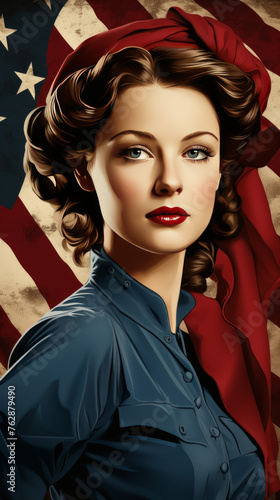Vintage Female Icon with American Flag

