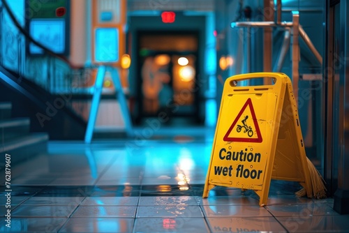 A yellow caution wet floor sign is on the floor.. photo