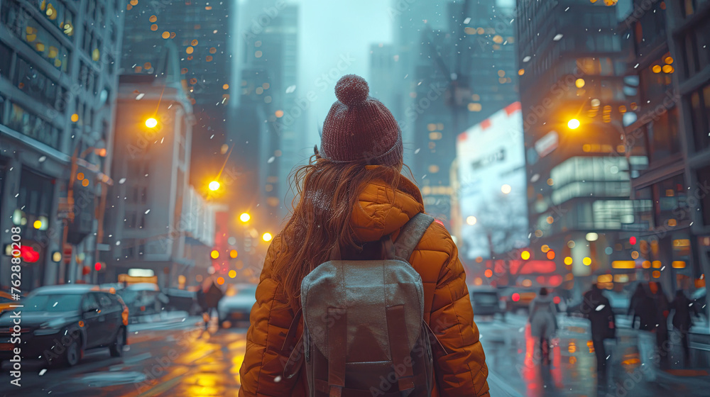 A beautiful woman walks on the streets in winter against the background of a snowy city. Life in a big city with traffic. generative ai A beautiful woman walks on the streets in winter against the background of a snowy city. Life in a big city with traffic. generative ai