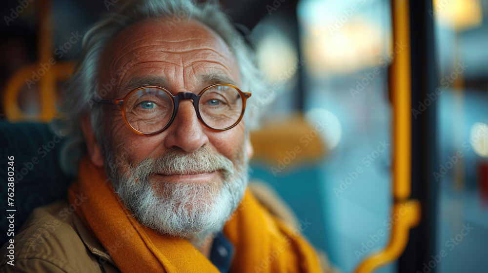 A man in nice glasses and a yellow scarf rides a bus or tram and smiles. Public transport. generative ai A man in nice glasses and a yellow scarf rides a bus or tram and smiles. Public transport. generative ai
