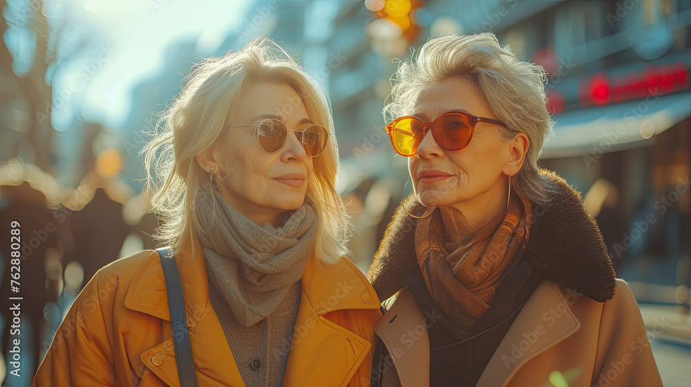 Two very beautiful adult women in fashionable clothes are walking through the streets of a big city. Fashion and style in bright clothes, glasses, bags and accessories. generative ai