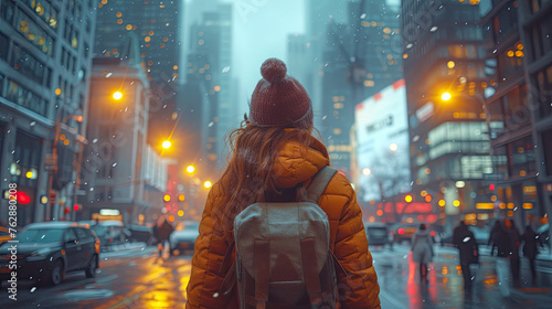 A beautiful woman walks on the streets in winter against the background of a snowy city. Life in a big city with traffic. generative ai © MoreThanProd