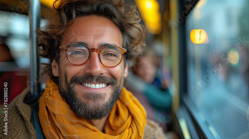 A man in nice glasses and a yellow scarf rides a bus or tram and smiles. Public transport. generative ai © MoreThanProd