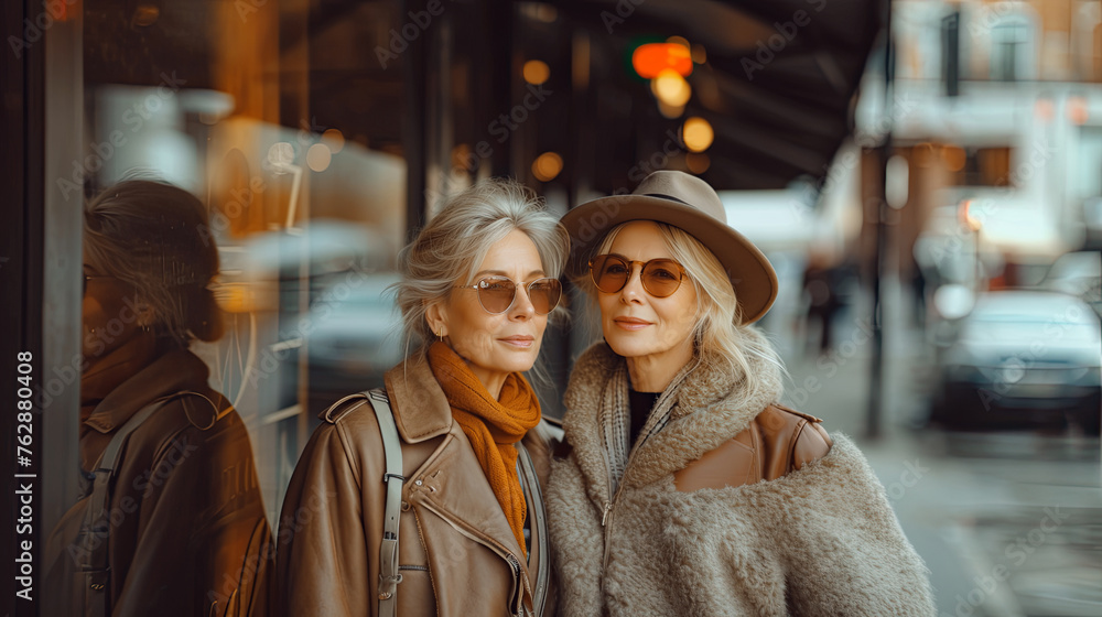 Two very beautiful adult women in fashionable clothes are walking through the streets of a big city. Fashion and style in bright clothes, glasses, bags and accessories. generative ai Two very beautiful adult women in fashionable clothes are walking through the streets of a big city. Fashion and style in bright clothes, glasses, bags and accessories. generative ai