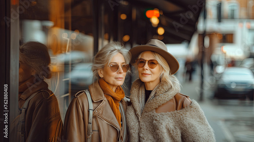 Two very beautiful adult women in fashionable clothes are walking through the streets of a big city. Fashion and style in bright clothes, glasses, bags and accessories. generative ai