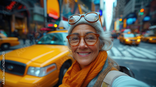 A beautiful woman takes a selfie against the background of a taxi, transport and people. A happy girl is smiling on the street against the background of a yellow taxi car. generative ai