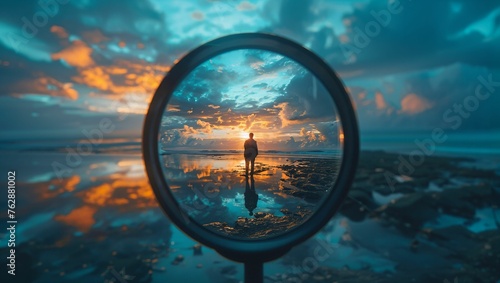 An inspiring image of a person gazing at a vast, open sky through a magnifying glass, illustrating Vision, Perspective, and Exploration in personal growth and discovery photo