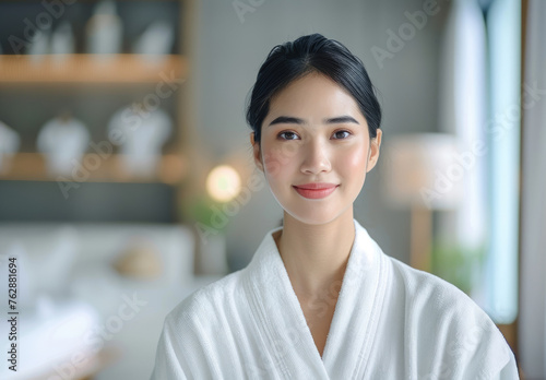 Asian woman in a white robe standing at home  a close up portrait with a beautiful face and chest looking into the camera  a blurred background of a modern living room