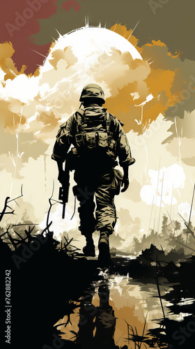 Soldier Walking in Battlefield Illustration