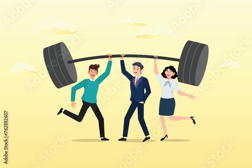 Business people office team help lifting heavy weight successfully, teamwork to support for success, cooperate or collaboration to achieve strength, help or togetherness for business solution (Vector)