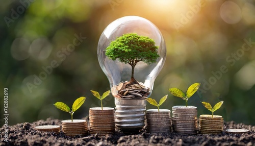 A tree that grows on coins or money in an energy saving light bulb