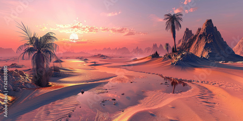 Beautiful oasis in the sandy desert  panorama of the desert landscape  sunset over the sands