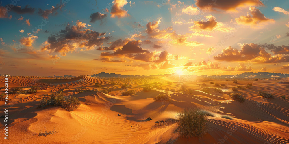 Beautiful oasis in the sandy desert, panorama of the desert landscape, sunset over the sands - obrazy, fototapety, plakaty 