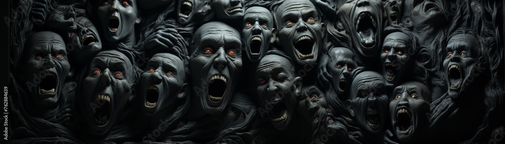 a black wall full of human scared faces tactile effect
