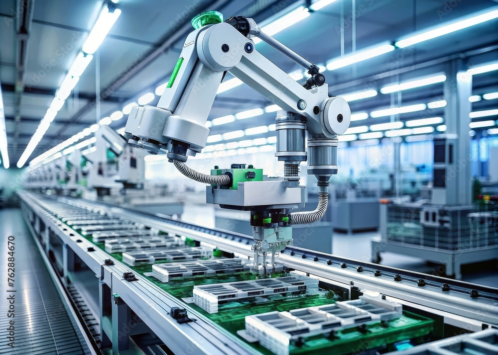 Fully Automated Modern PCB Assembly Line Equipped with Advanced High Precision Robot Arms Fully Automated Modern PCB Assembly Line Equipped with Advanced High Precision Robot Arms