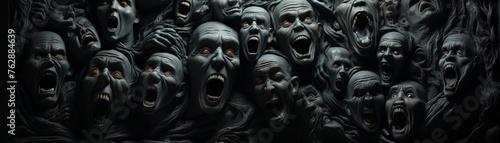 a black wall full of human scared faces tactile effect photo