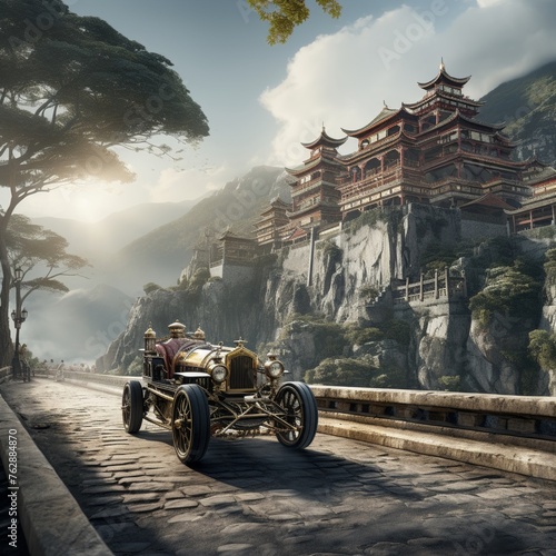 Autonomous vehicles traverse a fjord styled after 1910s design against a Qing Dynasty palace backdrop photo