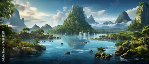 Surreal landscape featuring floating islands above a crystal-clear ocean under a sky transitioning from sunset to starlight Lush vegetation and waterfalls adorn the islands
