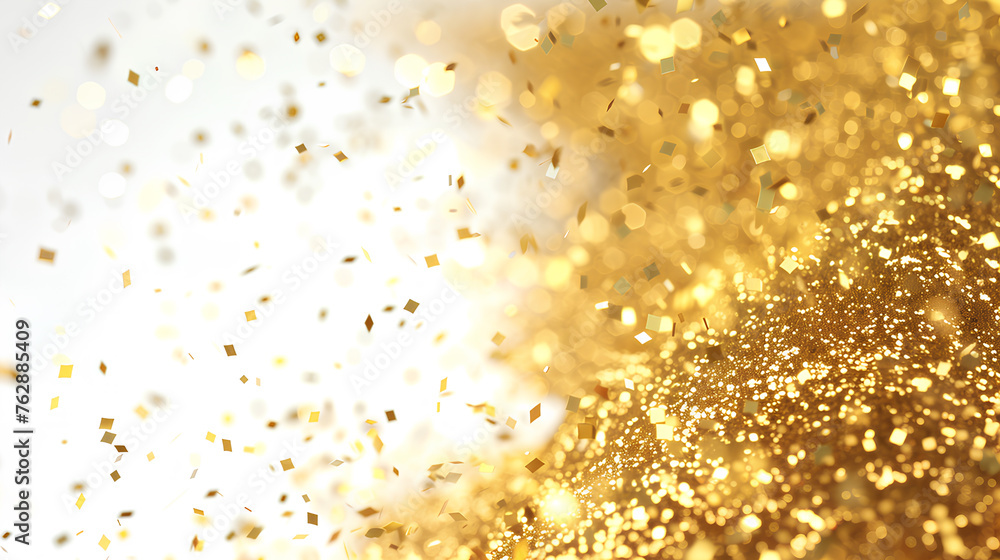 A gold glittery powder is spread out on a white background. The glitter is scattered in various sizes and shapes, creating a sense of movement and energy. The image evokes a feeling of celebration