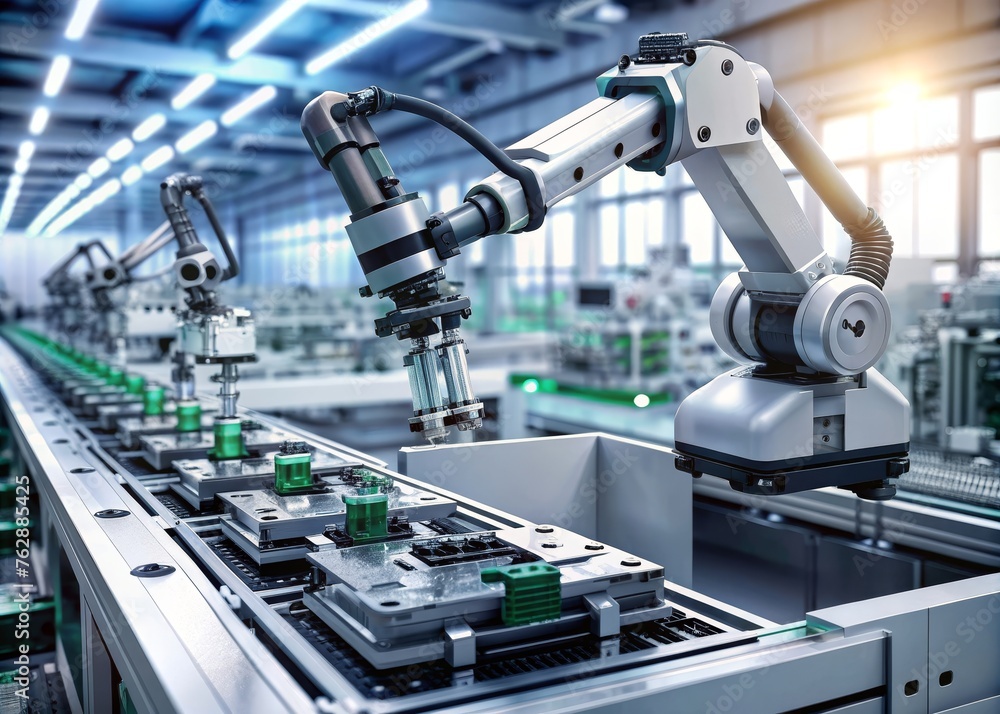 Fully Automated Modern PCB Assembly Line Equipped with Advanced High Precision Robot Arms Fully Automated Modern PCB Assembly Line Equipped with Advanced High Precision Robot Arms