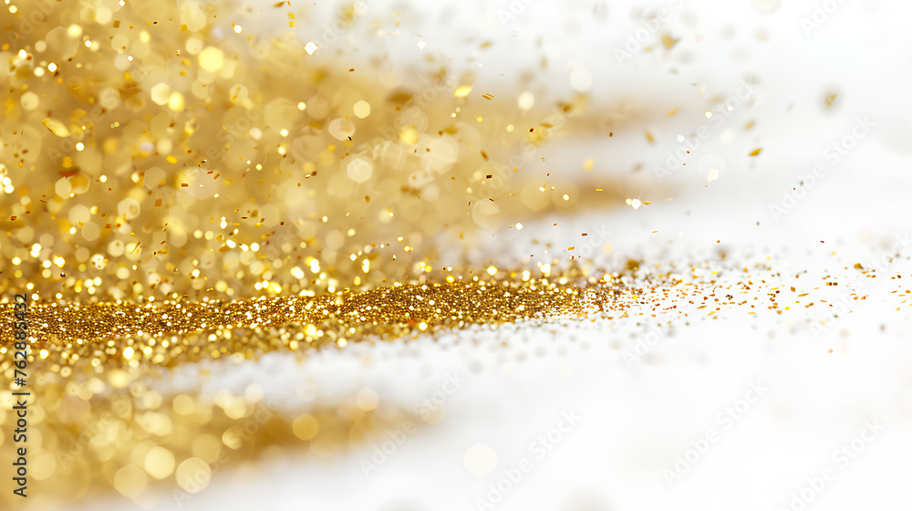 A gold glittery powder is spread out on a white background. The glitter is scattered in various sizes and shapes, creating a sense of movement and energy. The image evokes a feeling of celebration