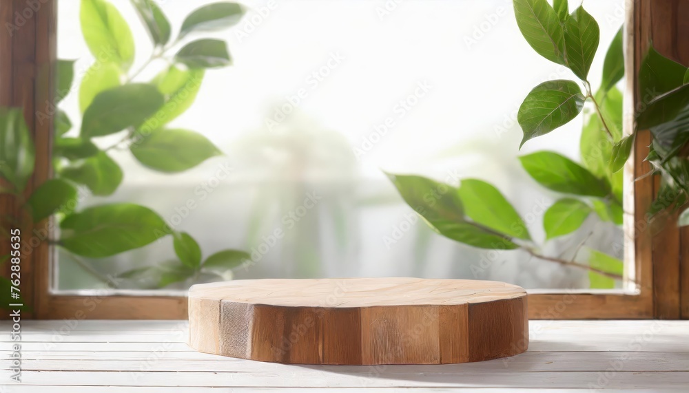 Wooden product display podium with blurred nature leaves background. Wooden product display podium with blurred nature leaves background.