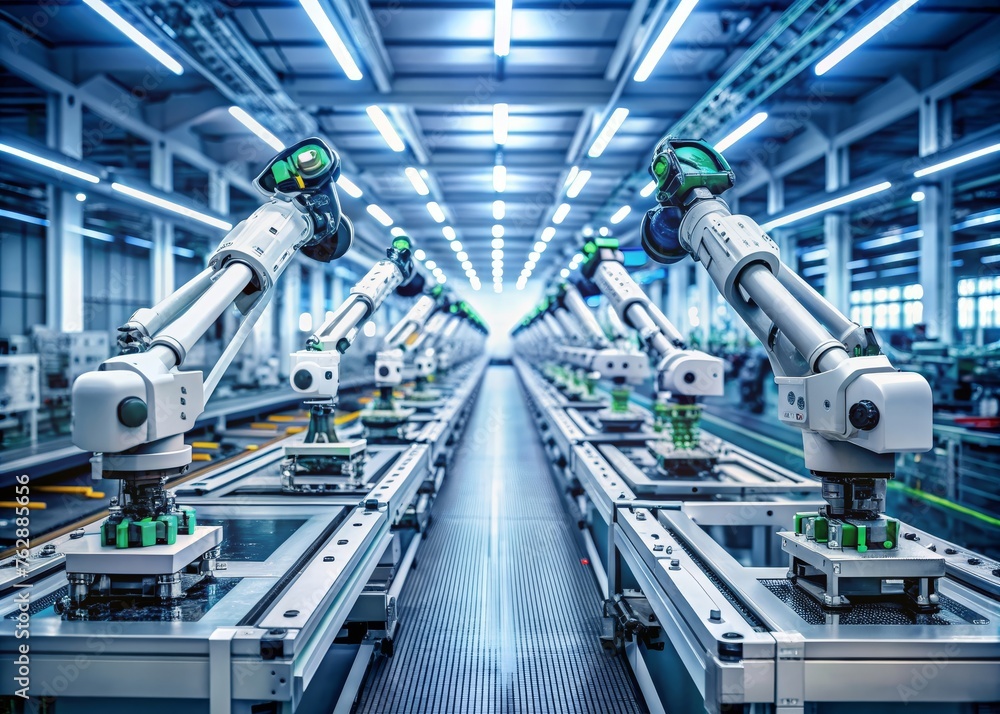 Fully Automated Modern PCB Assembly Line Equipped with Advanced High Precision Robot Arms Fully Automated Modern PCB Assembly Line Equipped with Advanced High Precision Robot Arms