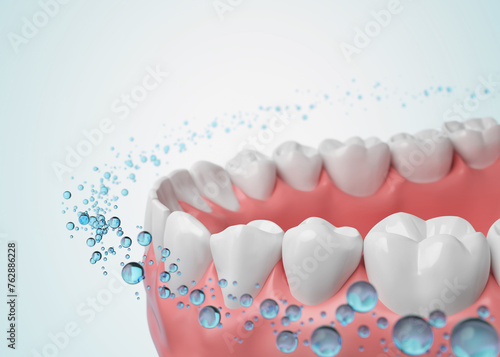 Healthy gums and teeth with fluoride Liquid Bubble Protect and Cleaning. Oral hygiene and Dental concept, 3d rendering. photo