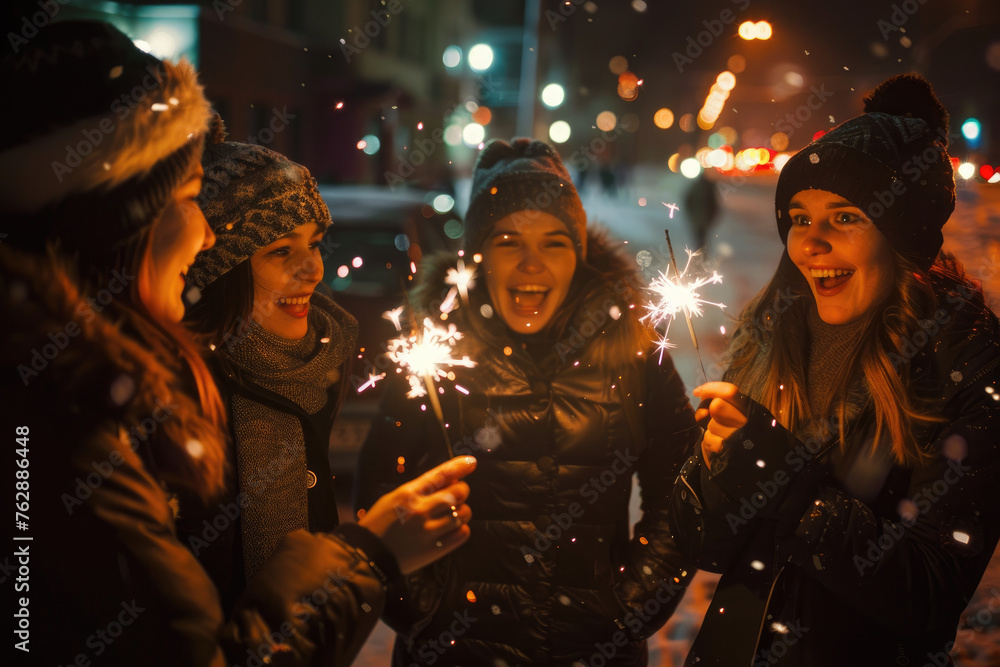 Happy friends with sparklers celebrating New Year's Eve outdoors, laughing and having fun together on the street in winter