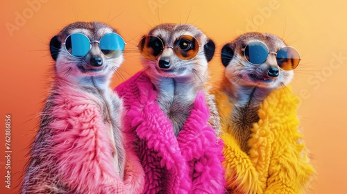 Fashionable Meerkat Group for Birthday Party Invitation: Creative Animal Concept in Bright Outfits with Copy Space on Isolated Background photo