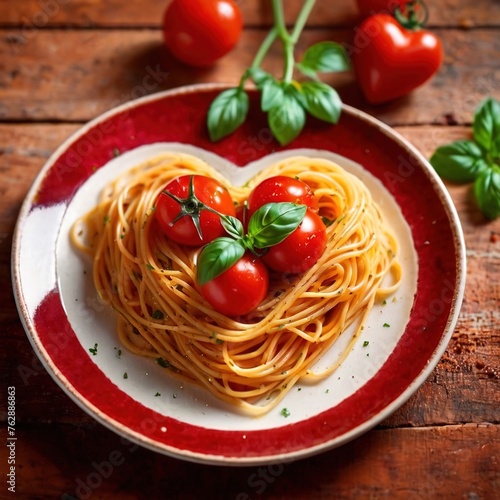 Heart shaped plate of pasta spaghetti, romantic meal for sharing