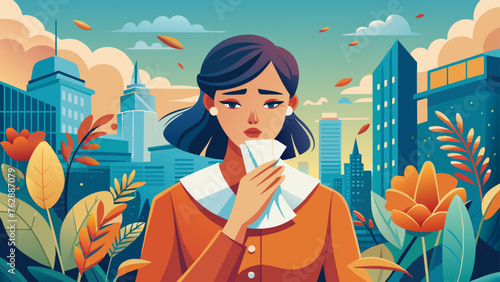 young woman with long, dark hair blowing in an abstract nature scene. She to be blowing her nose into a tissue, she have allergies. background features stylized plants, leaves, flowers, and clouds