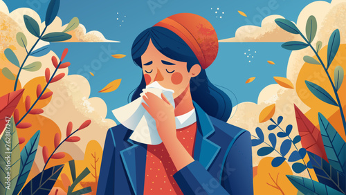 young woman with long, dark hair blowing in an abstract nature scene. She to be blowing her nose into a tissue, she have allergies. background features stylized plants, leaves, flowers, and clouds